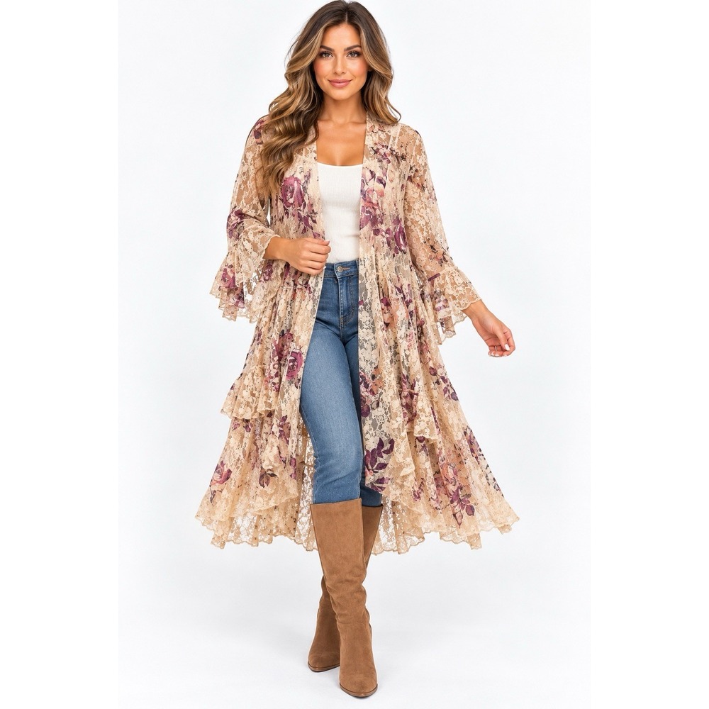 Victorian House Branson Lace Floral Kimono Duster Women L Cottagecore Boho Maxi